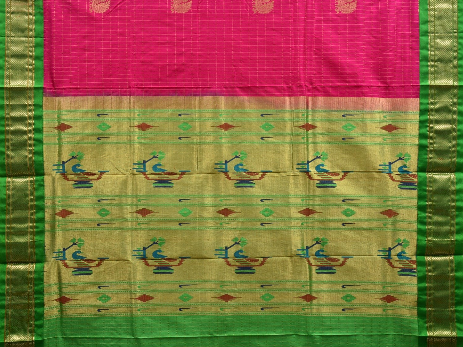 Pink and Green Paithani Silk Handloom Saree with Checks and Body Design p0420