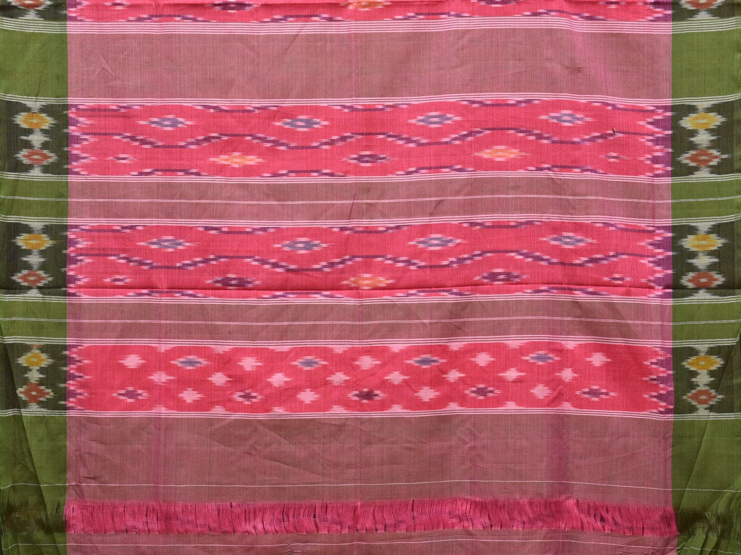 Pink and Green Pochampally Ikat Cotton Handloom Saree with Grill Design No Blouse i0805