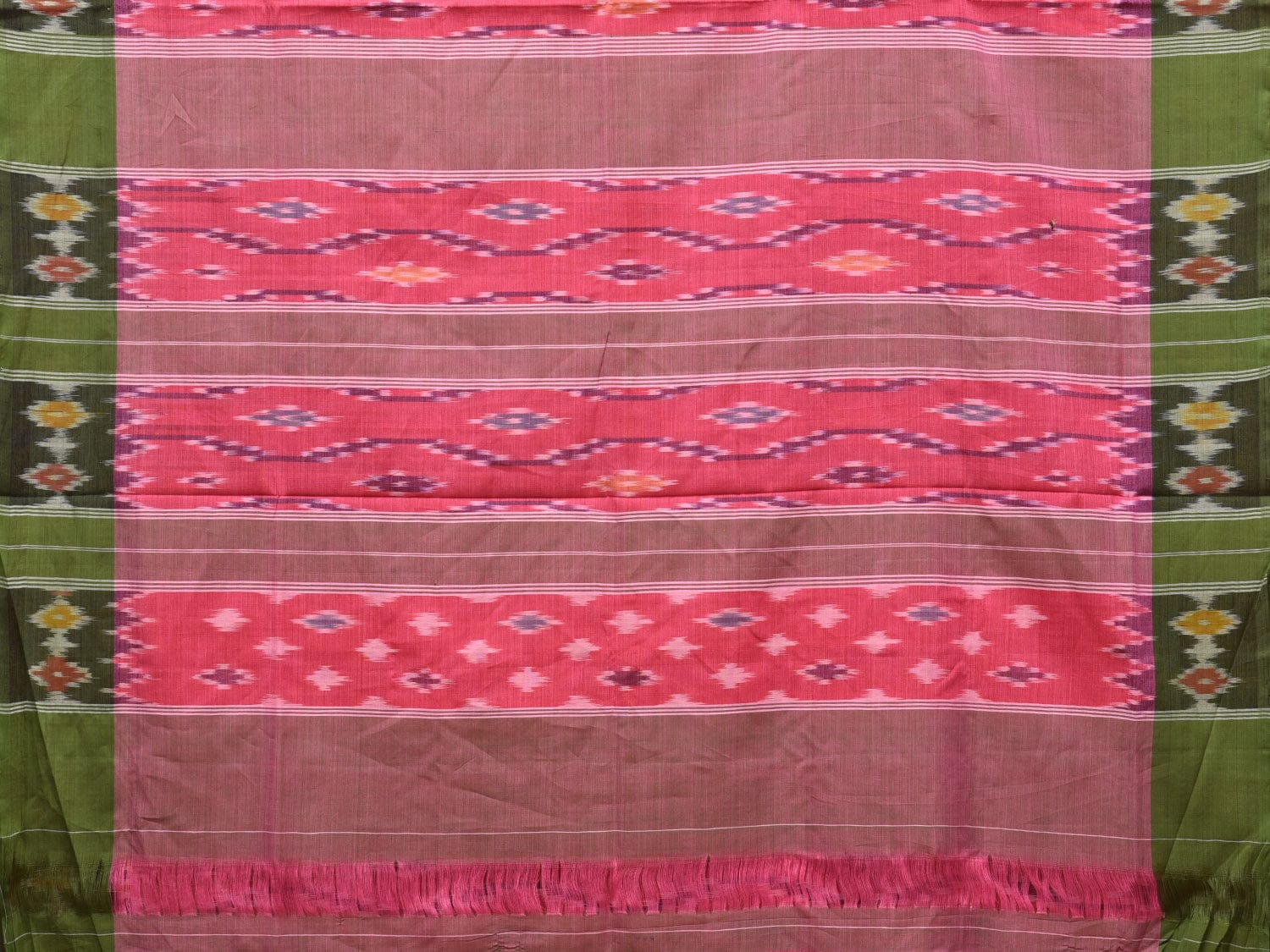 Pink and Green Pochampally Ikat Cotton Handloom Saree with Grill Design No Blouse i0805