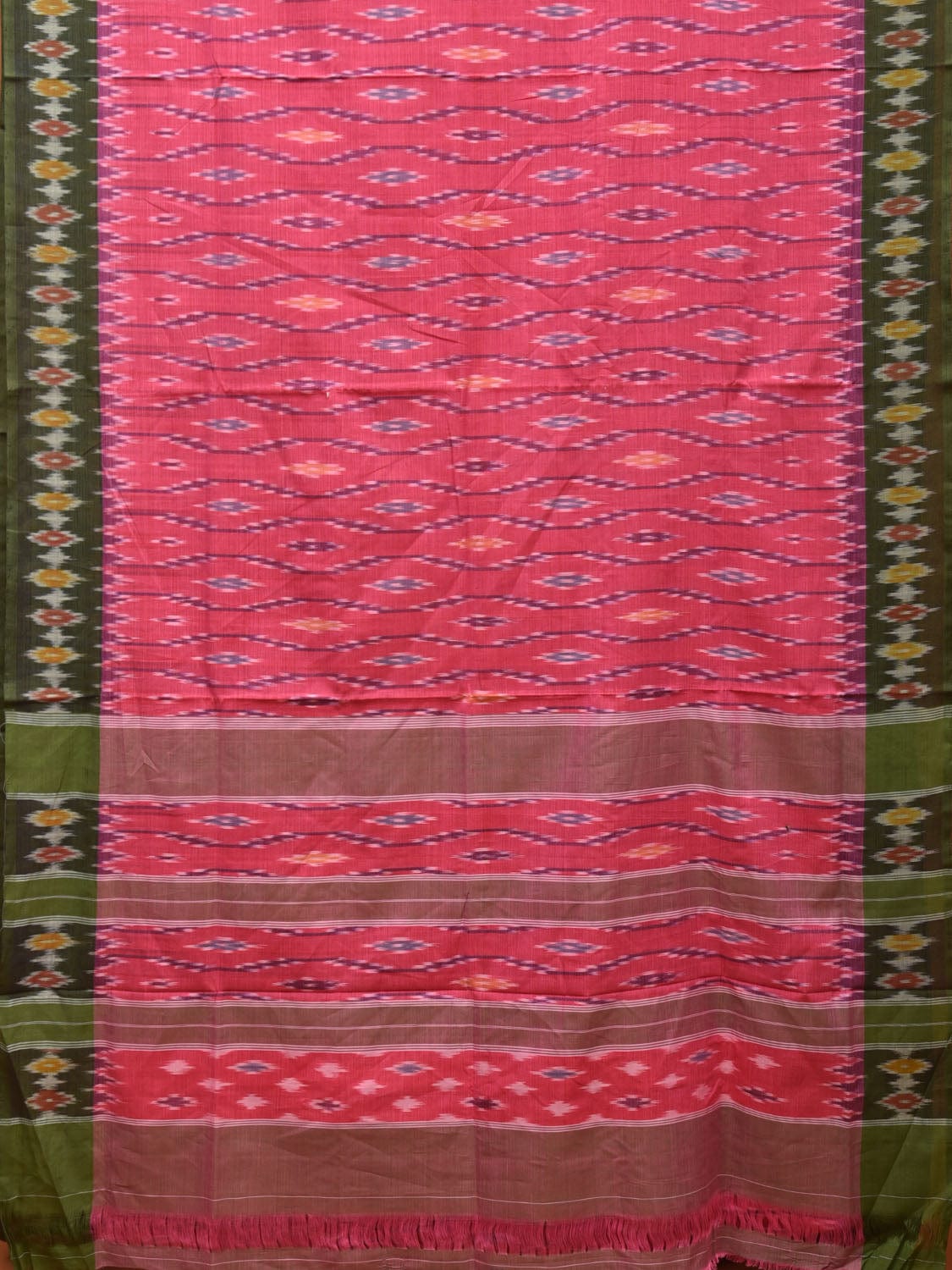 Pink and Green Pochampally Ikat Cotton Handloom Saree with Grill Design No Blouse i0805