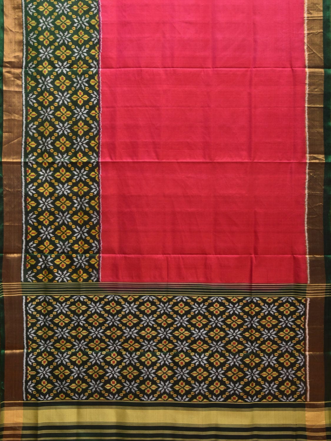 Pink and Green Pochampally Ikat Silk Handloom Saree with One Side Border Design i0845