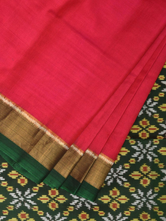 Pink and Green Pochampally Ikat Silk Handloom Saree with One Side Border Design i0845
