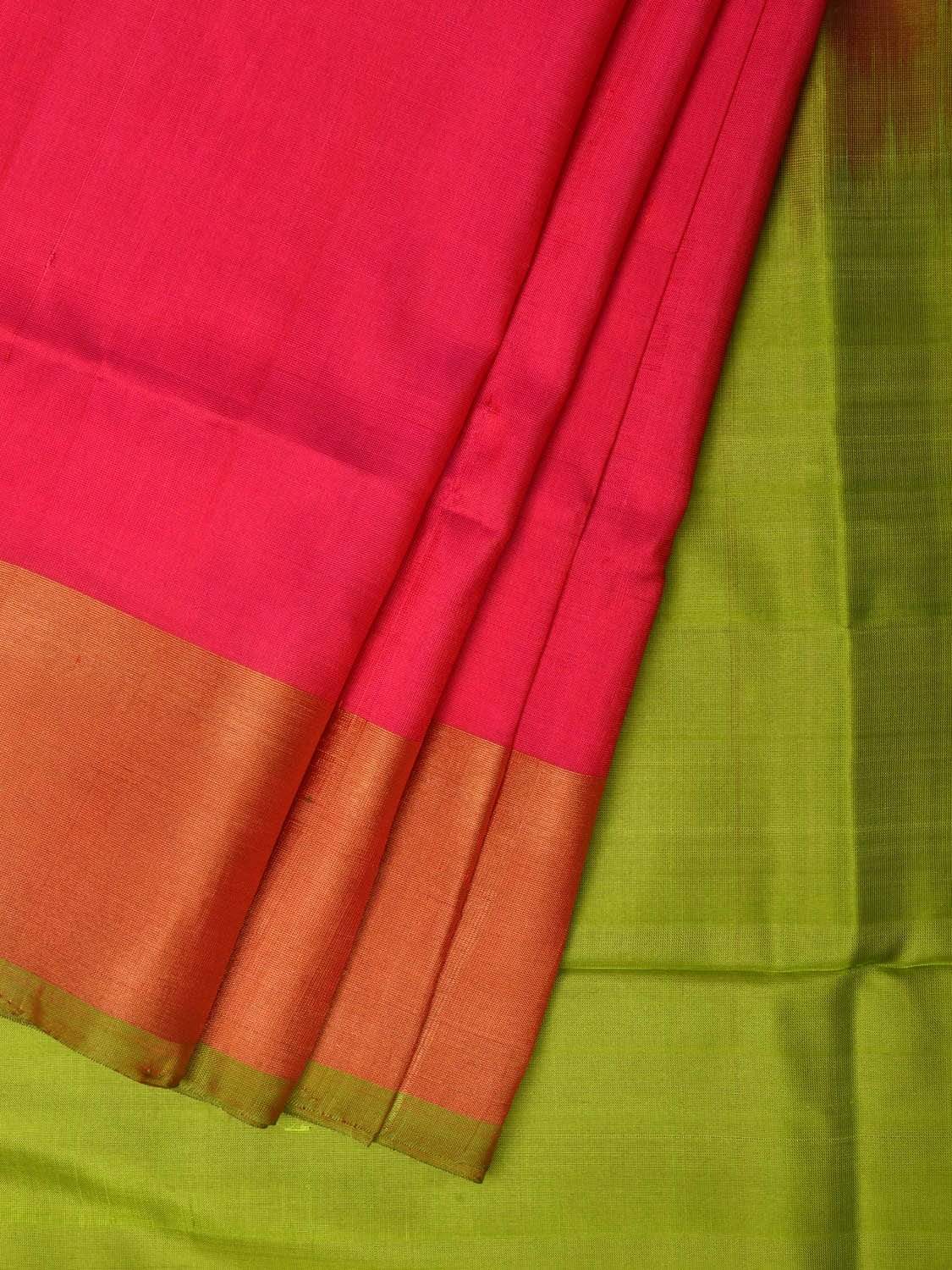 Pink and Green Uppada Silk Handloom Plain Saree with Contrast Pallu Design u1755