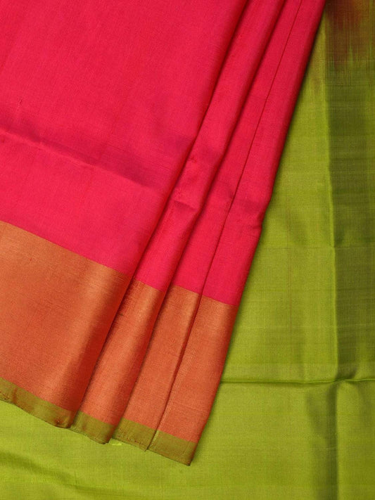Pink and Green Uppada Silk Handloom Plain Saree with Contrast Pallu Design u1755
