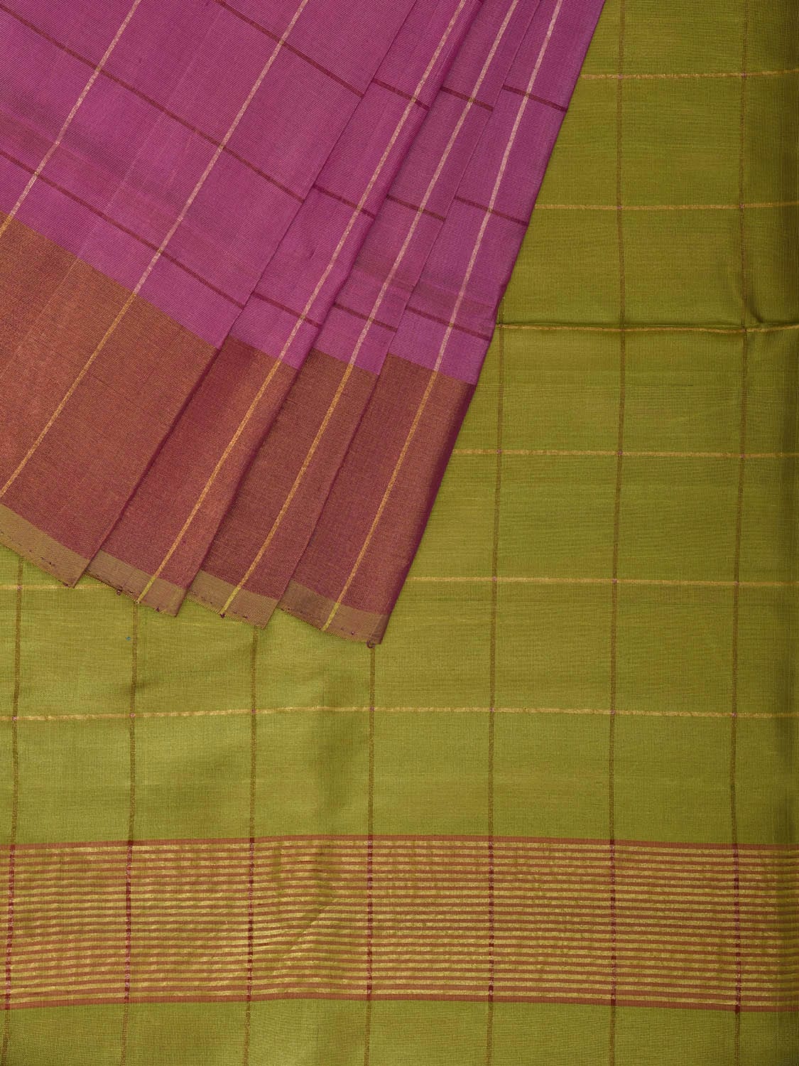 Pink and Green Uppada Silk Handloom Saree with Big Checks Design u2361