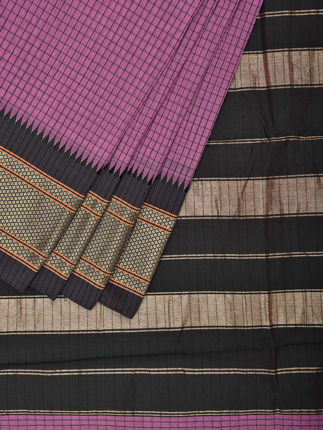 Pink and Grey Bamboo Cotton Saree with Checks Design No Blouse bc0644