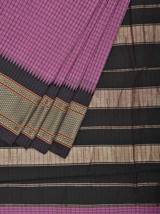 Pink and Grey Bamboo Cotton Saree with Checks Design No Blouse bc0644