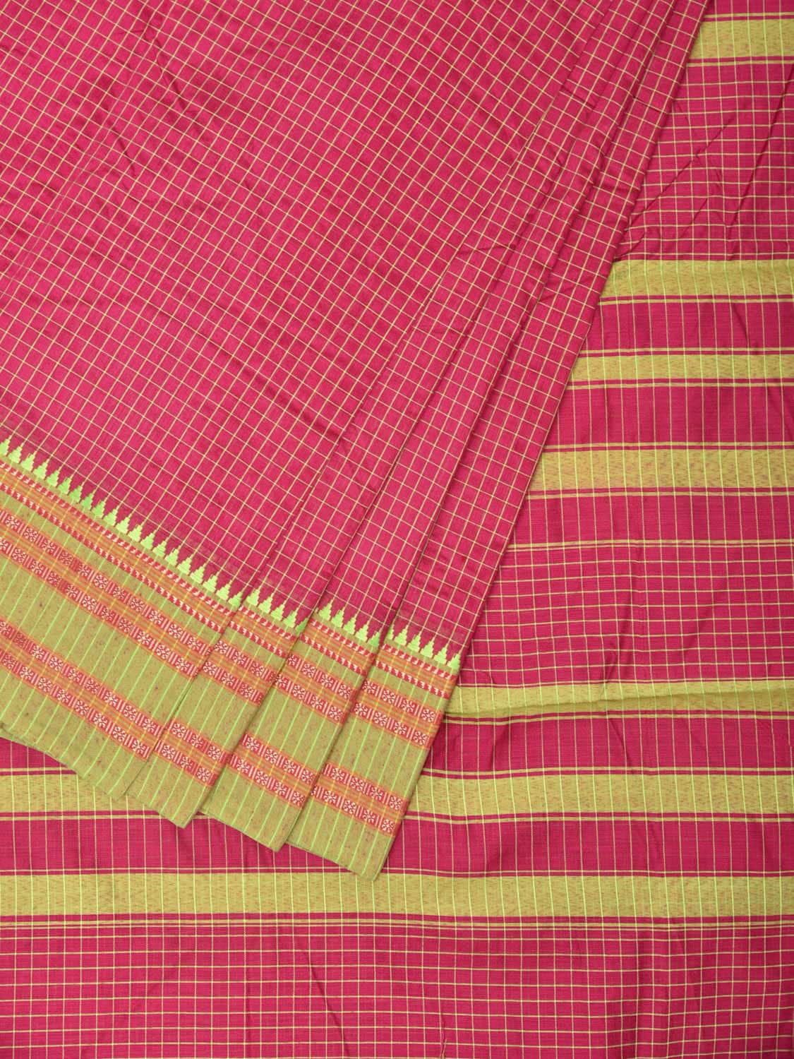 Pink and Light Green Bamboo Cotton Saree with Checks Design No Blouse bc0167