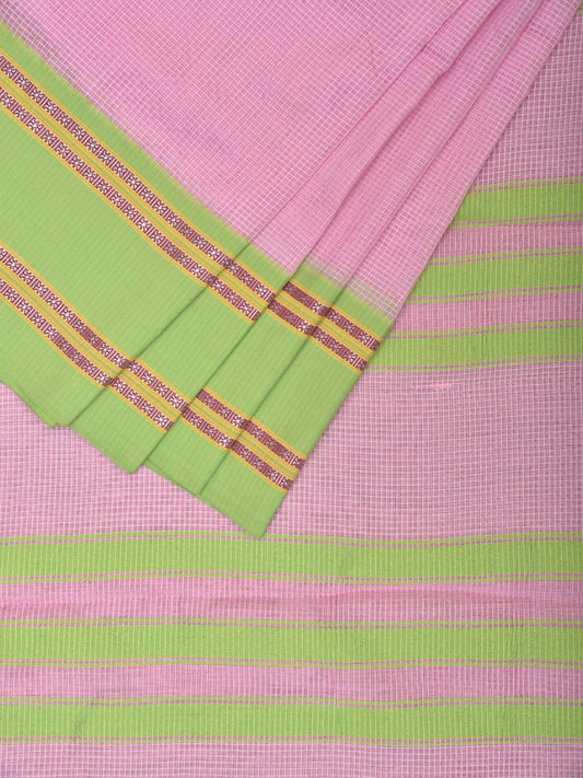 Pink and Light Green Bamboo Cotton Saree with Small Checks Design No Blouse bc0773