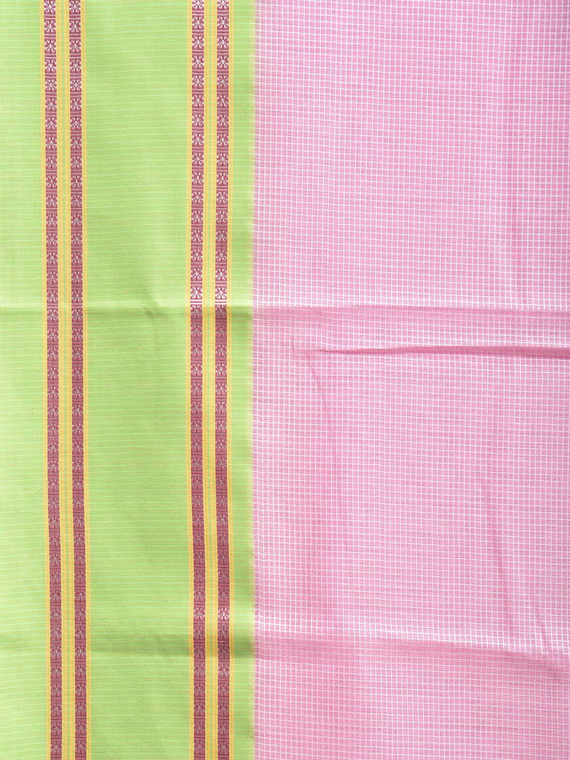Pink and Light Green Bamboo Cotton Saree with Small Checks Design No Blouse bc0773