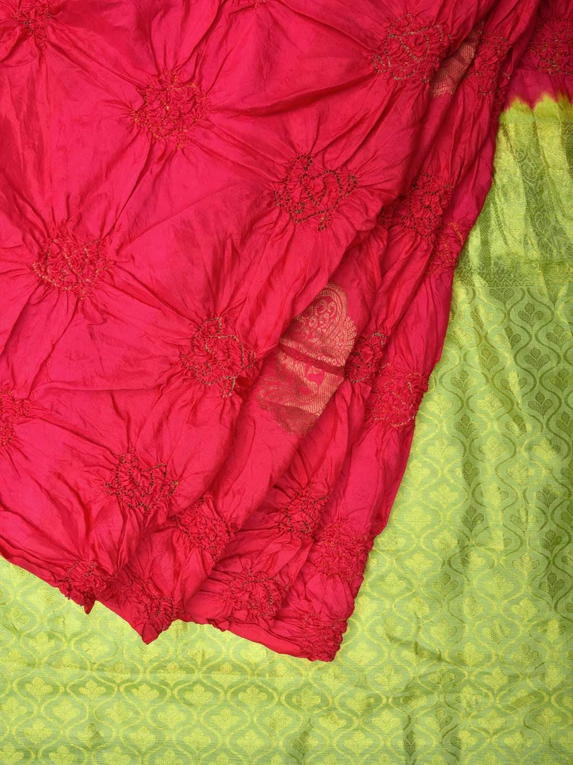 Pink and Light Green Bandhani Kanchipuram Silk Handloom Saree with Peacock Buta Design bn0211