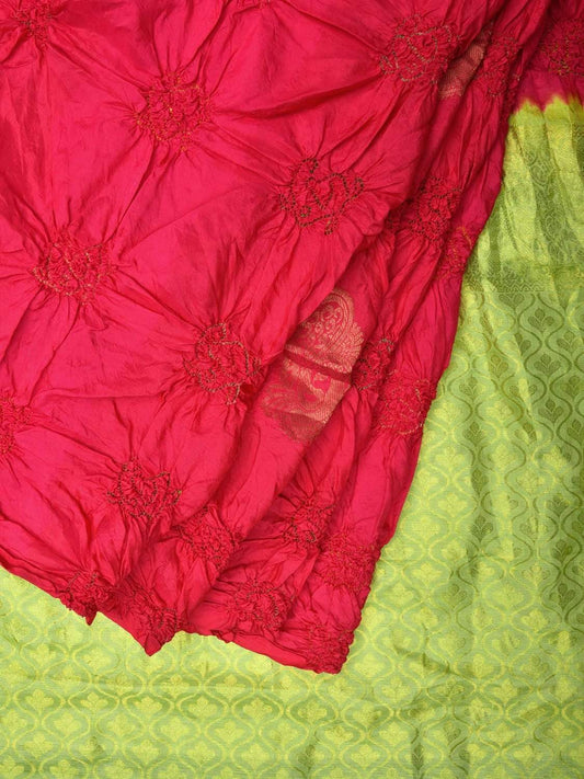 Pink and Light Green Bandhani Kanchipuram Silk Handloom Saree with Peacock Buta Design bn0211