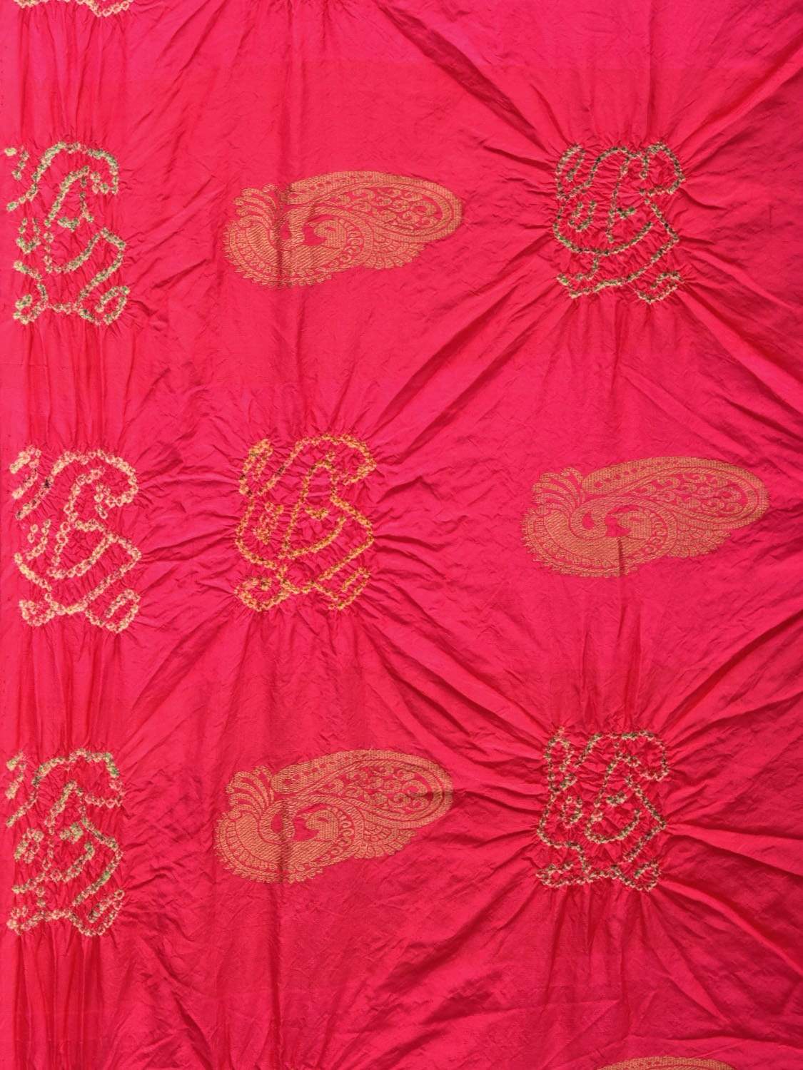 Pink and Light Green Bandhani Kanchipuram Silk Handloom Saree with Peacock Buta Design bn0211
