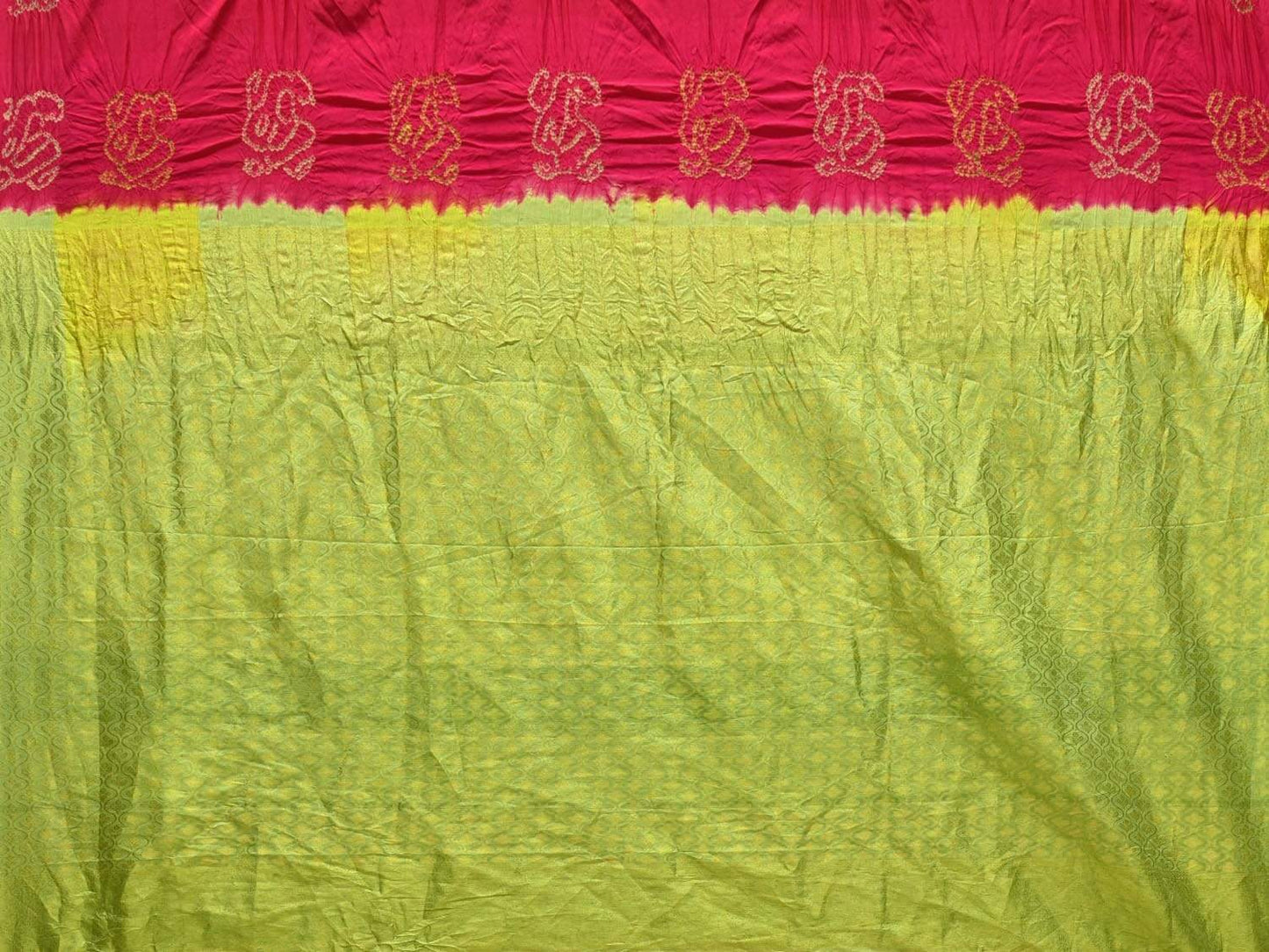 Pink and Light Green Bandhani Kanchipuram Silk Handloom Saree with Peacock Buta Design bn0211