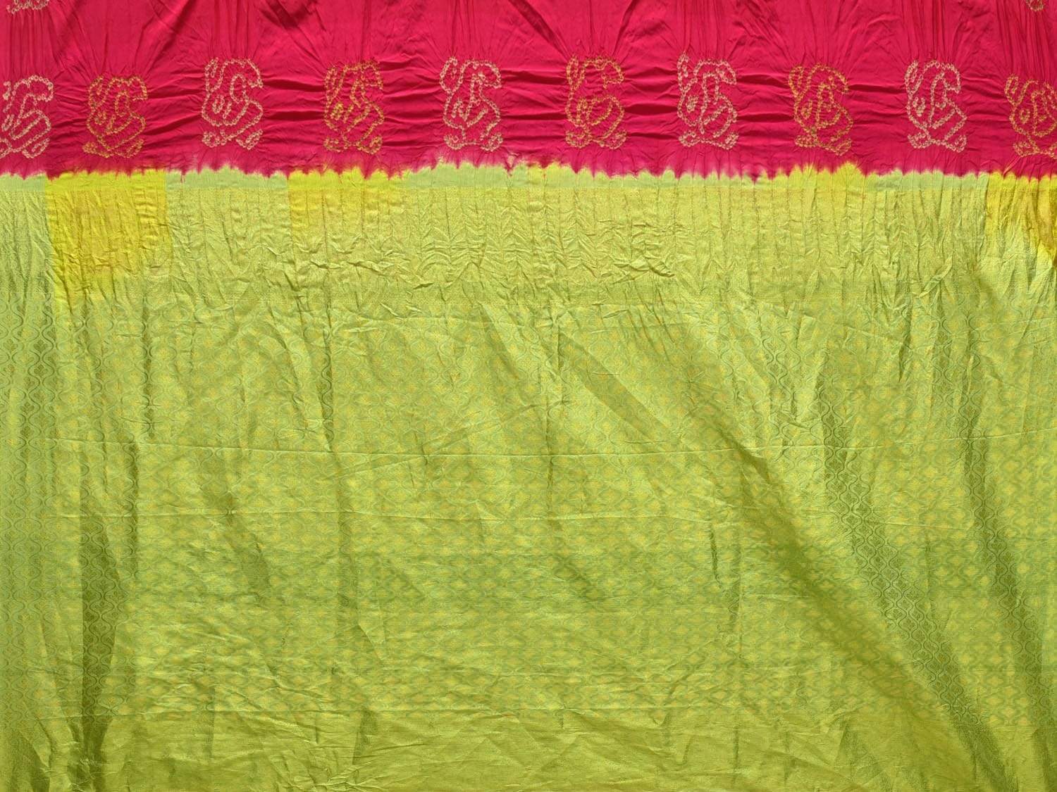 Pink and Light Green Bandhani Kanchipuram Silk Handloom Saree with Peacock Buta Design bn0211