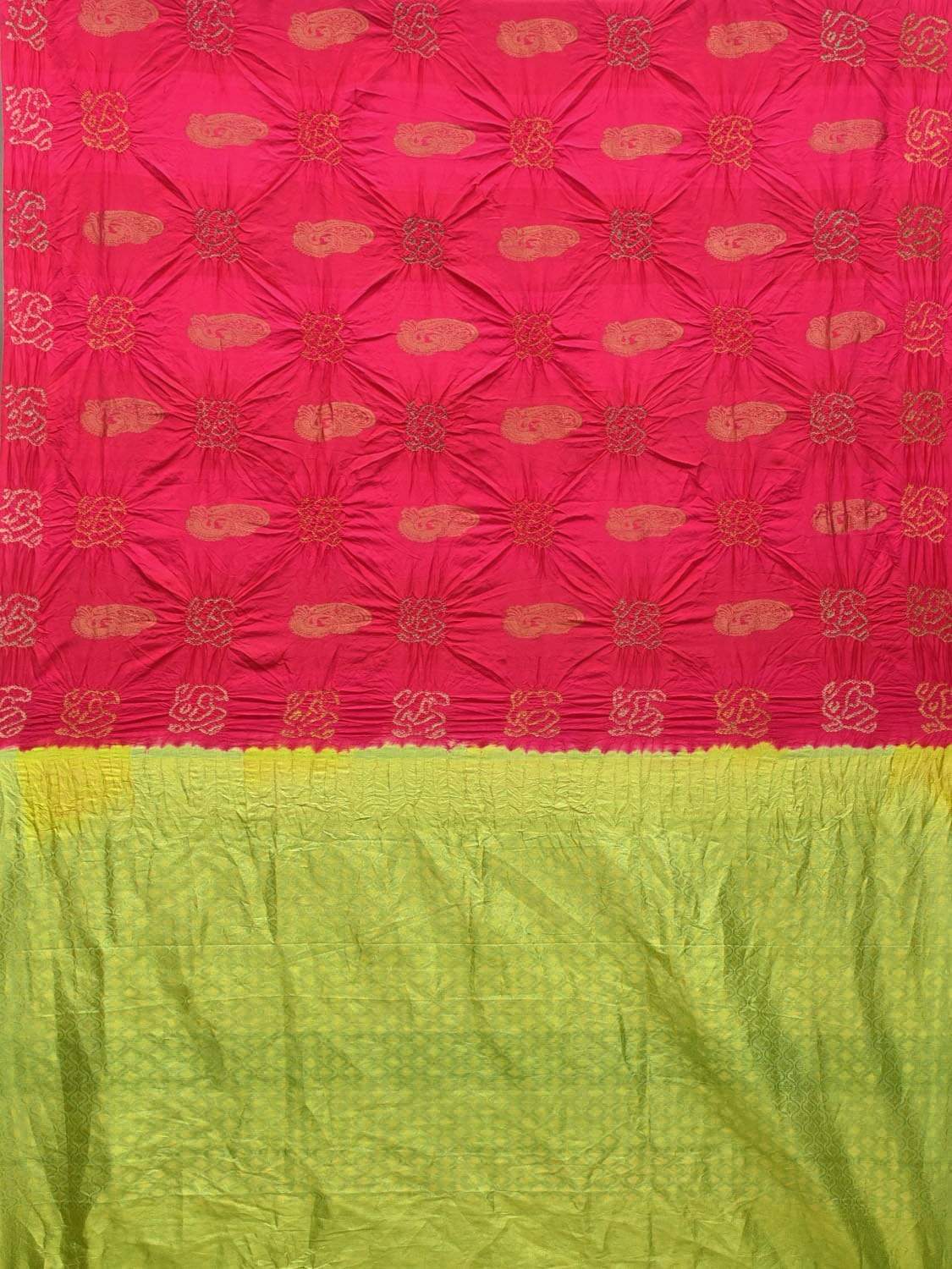 Pink and Light Green Bandhani Kanchipuram Silk Handloom Saree with Peacock Buta Design bn0211