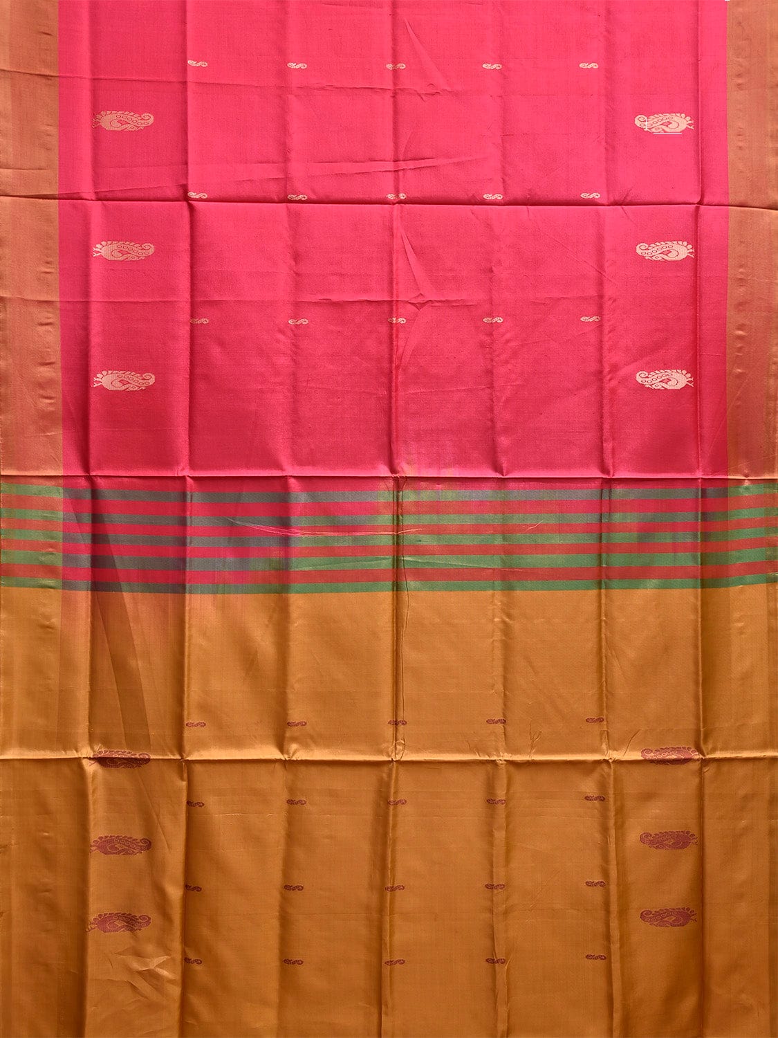 Pink and Mustard Banana Silk Saree with Peacock Border Buta Design o0678