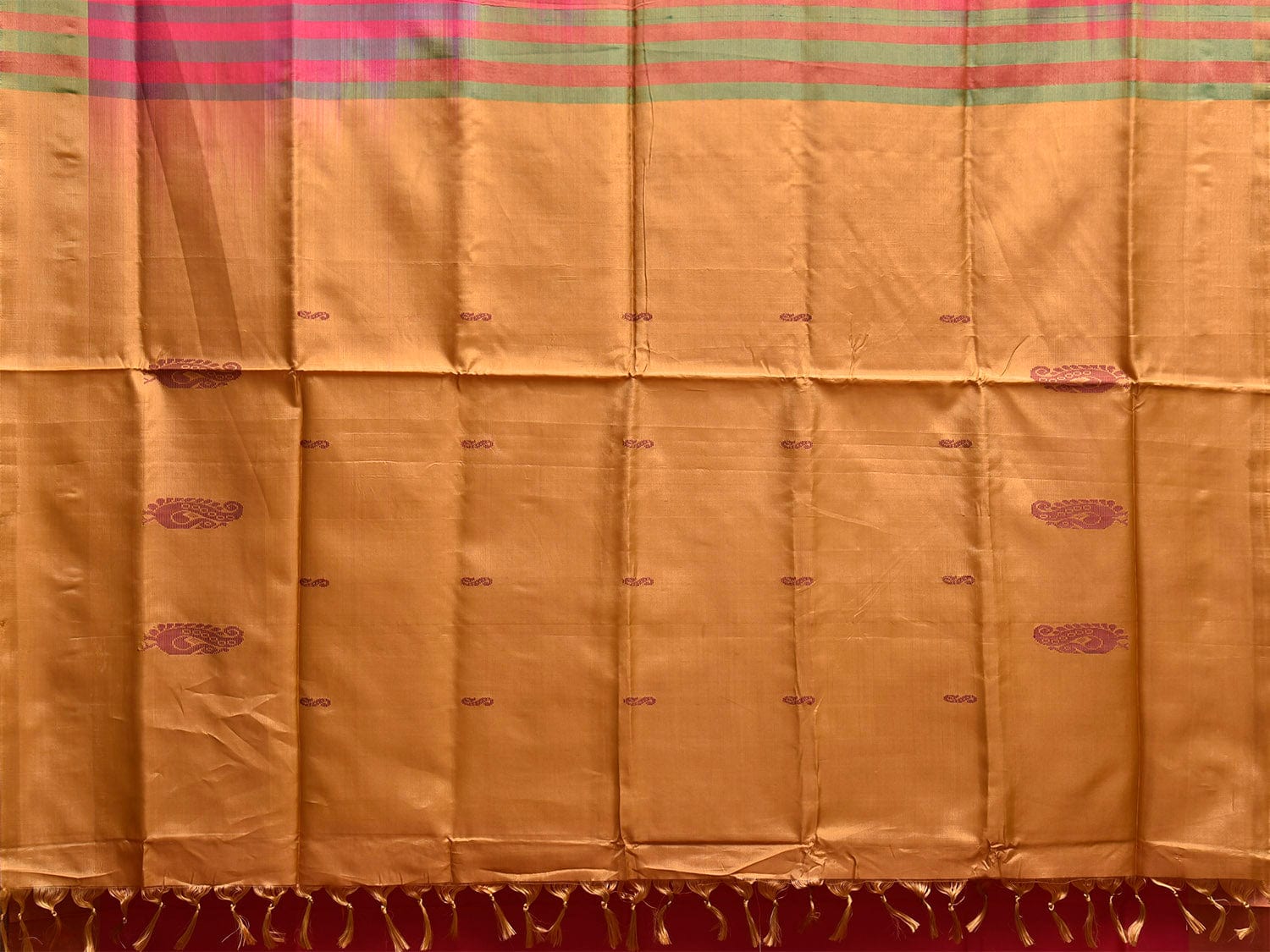 Pink and Mustard Banana Silk Saree with Peacock Border Buta Design o0678