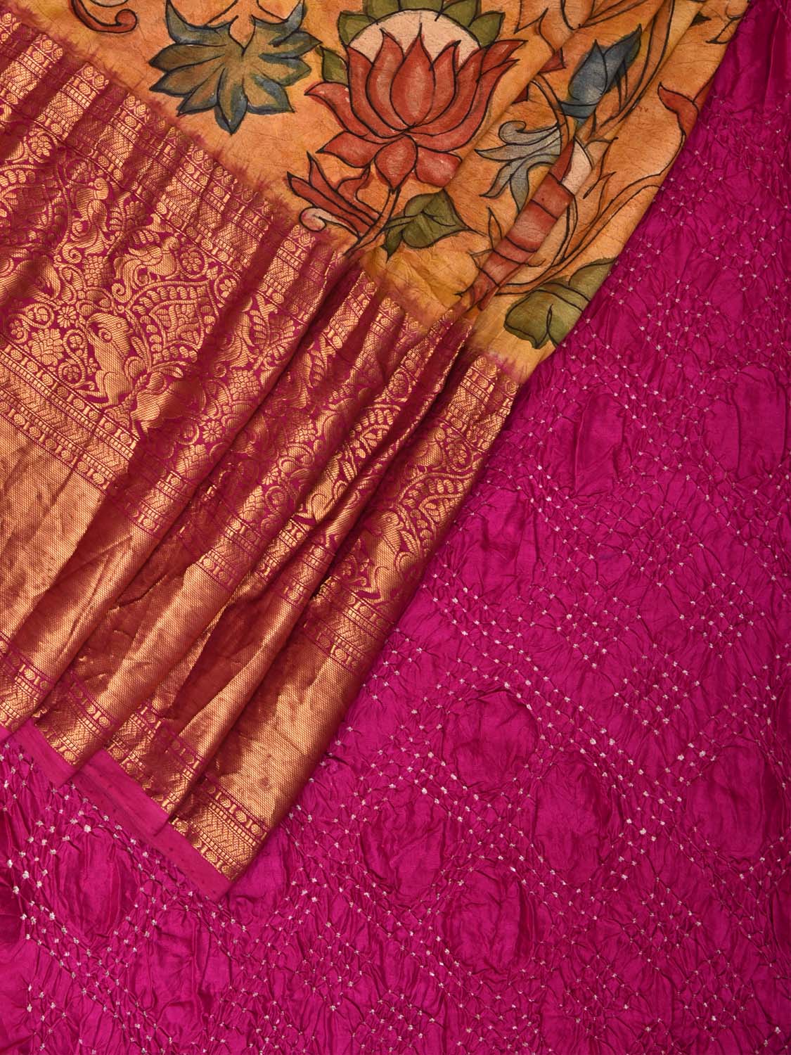 Pink and Mustard Bandhani Kanchipuram Silk Handloom Saree with Kalamkari Body Design bn0480