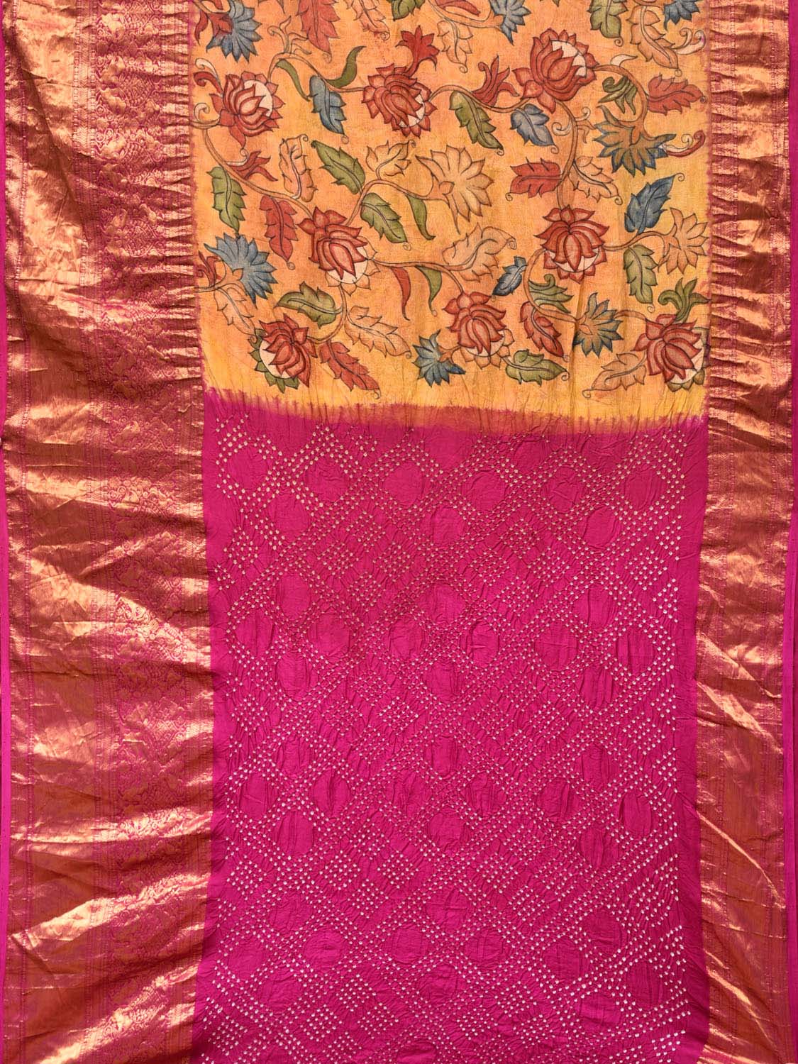 Pink and Mustard Bandhani Kanchipuram Silk Handloom Saree with Kalamkari Body Design bn0480