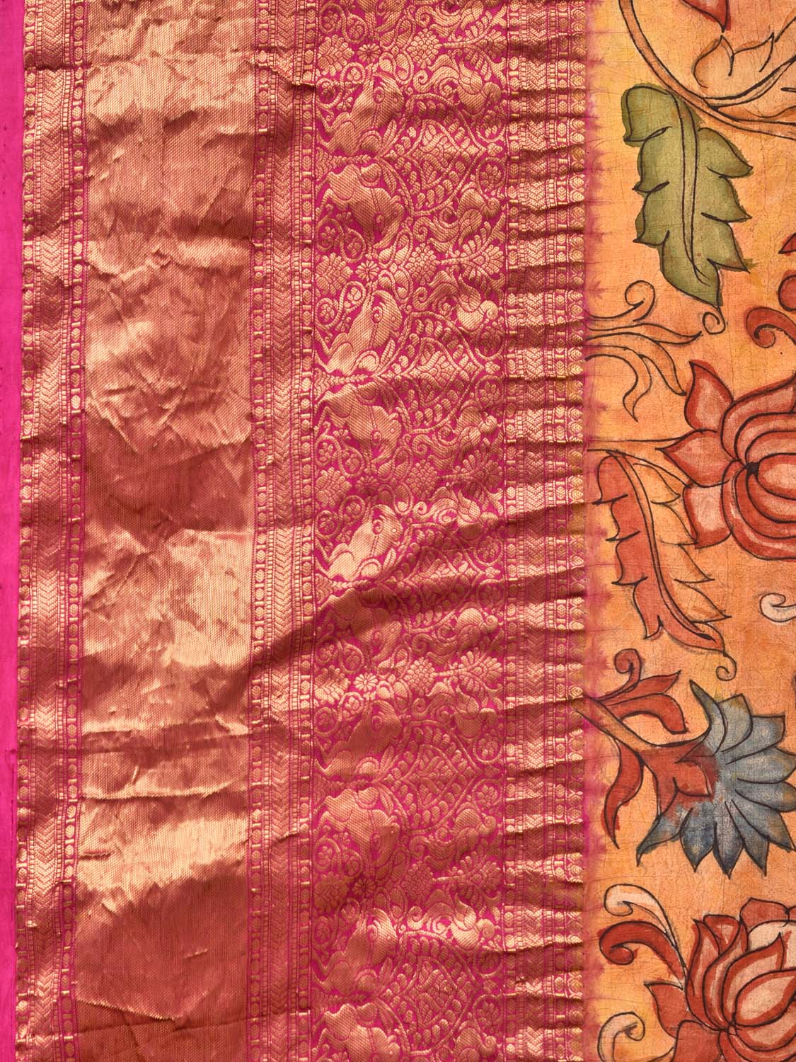 Pink and Mustard Bandhani Kanchipuram Silk Handloom Saree with Kalamkari Body Design bn0480