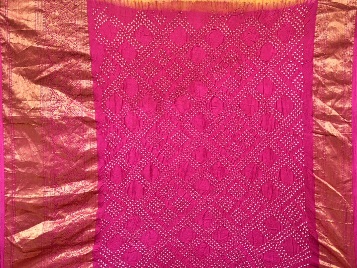 Pink and Mustard Bandhani Kanchipuram Silk Handloom Saree with Kalamkari Body Design bn0480