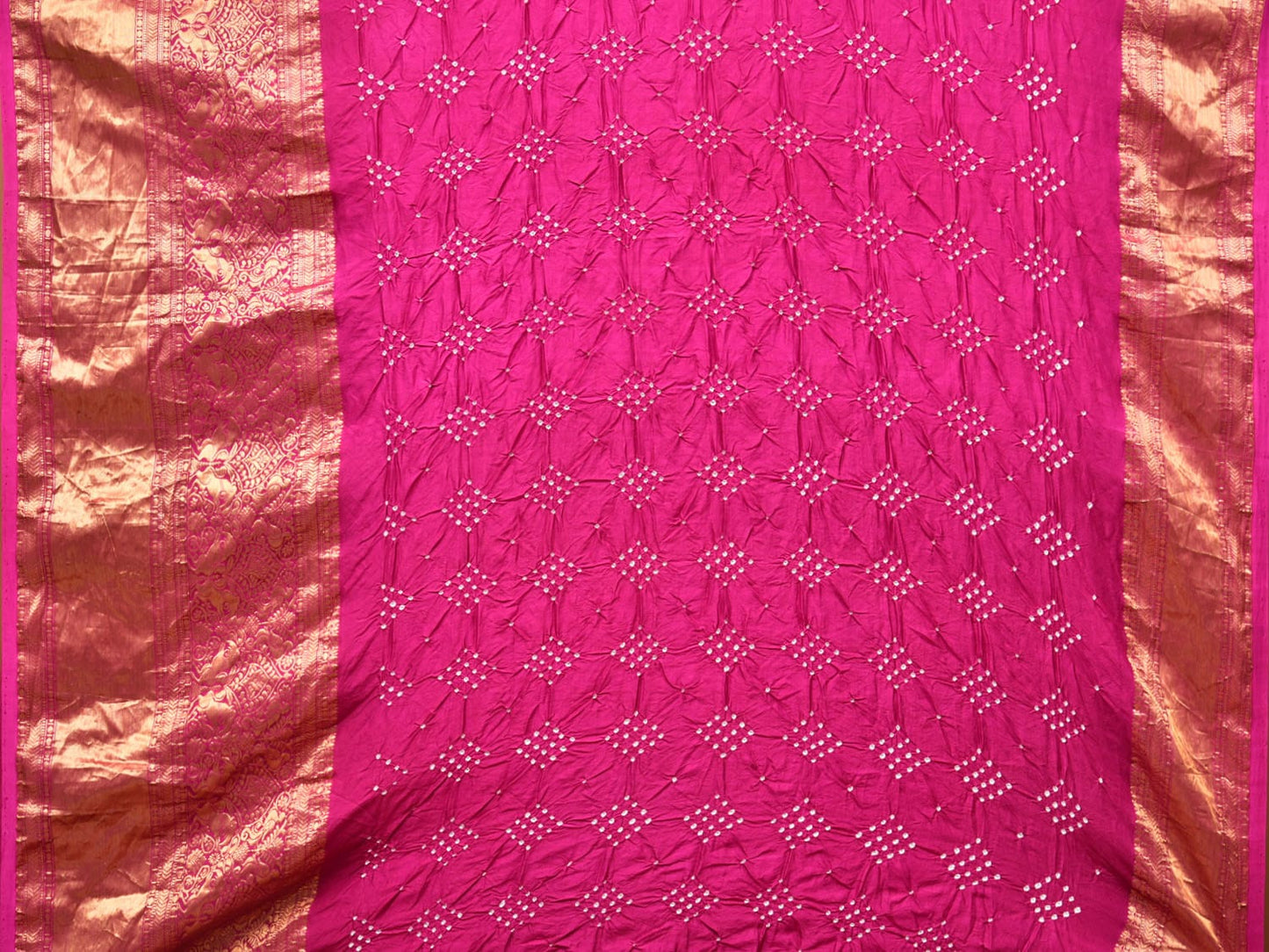 Pink and Mustard Bandhani Kanchipuram Silk Handloom Saree with Kalamkari Body Design bn0480