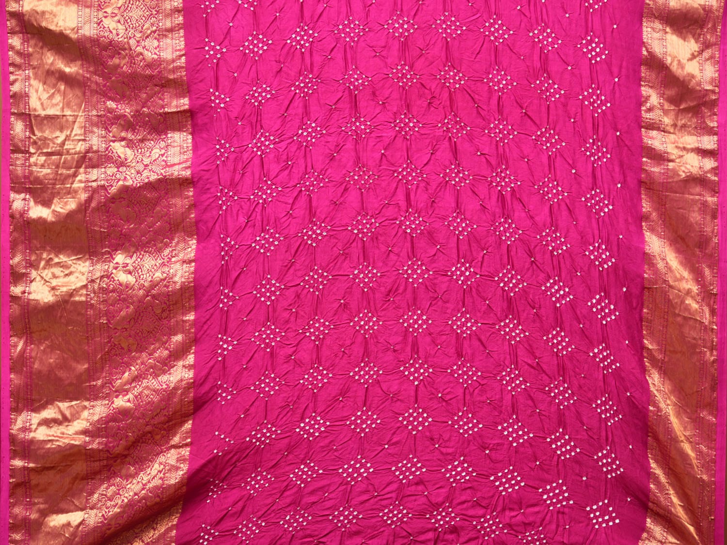 Pink and Mustard Bandhani Kanchipuram Silk Handloom Saree with Kalamkari Body Design bn0480