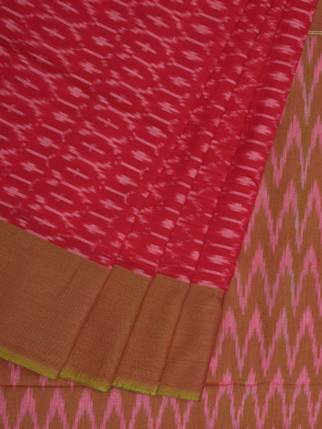 Pink and Mustard Ikat Cotton Handloom Saree with Grill Design No Blouse i0718