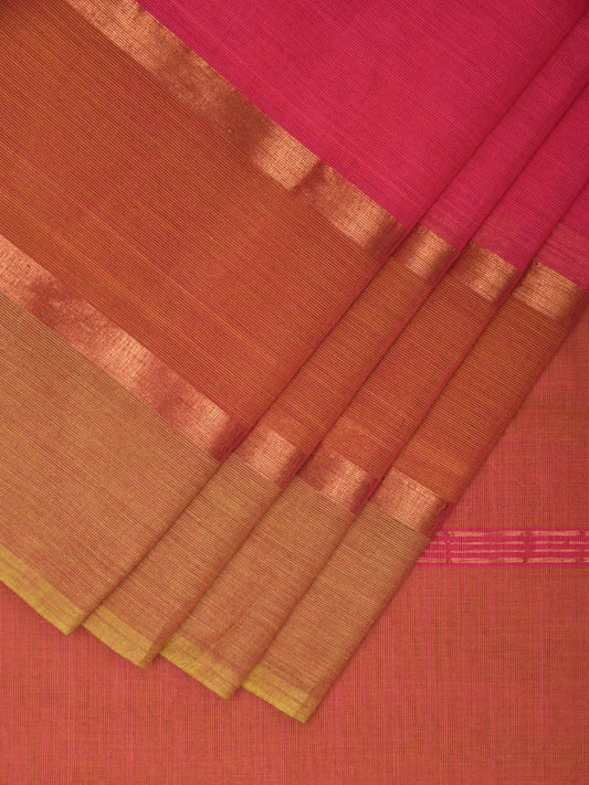 Pink and Mustard Kanchipuram Cotton Plain Saree with Strips Pallu Design k0614