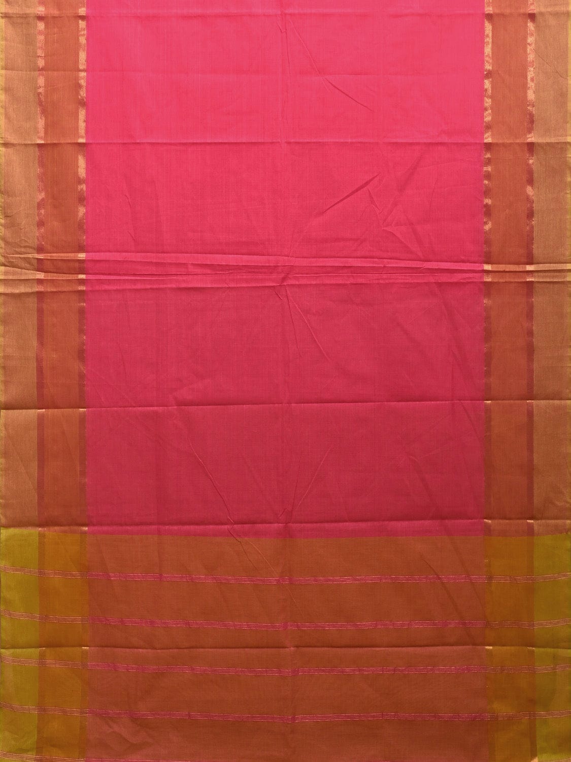 Pink and Mustard Kanchipuram Cotton Plain Saree with Strips Pallu Design k0614