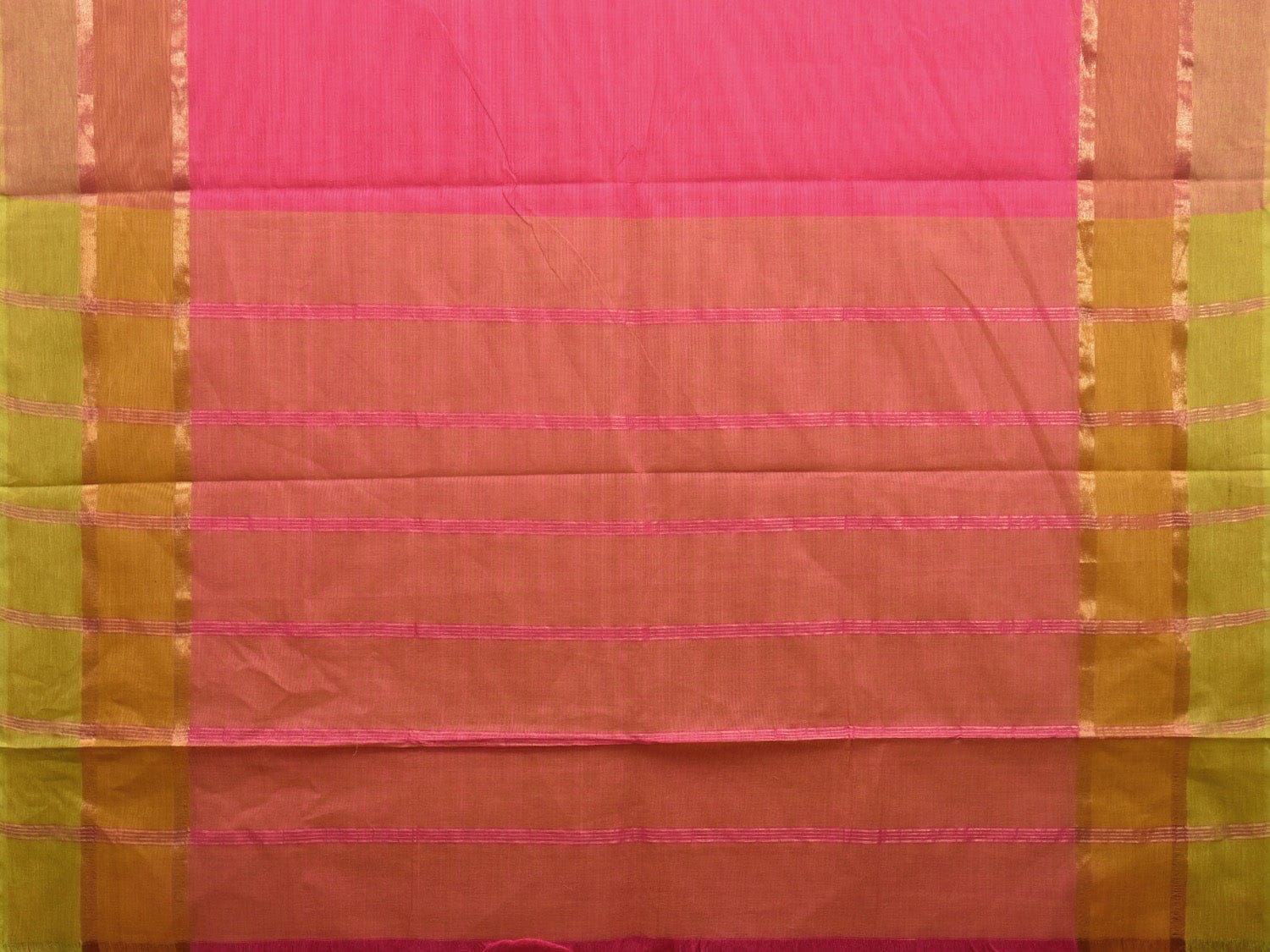 Pink and Mustard Kanchipuram Cotton Plain Saree with Strips Pallu Design k0614