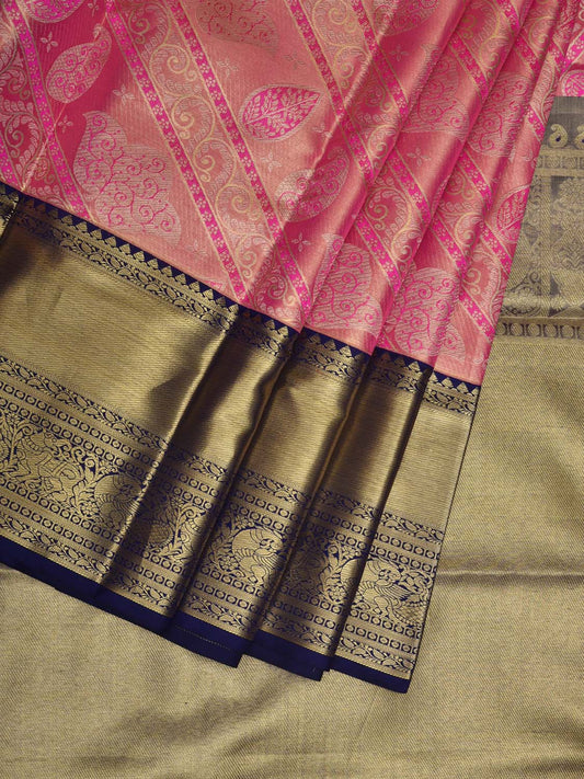 Pink and Navy Kanchipuram Silk Handloom Saree with All Over Diagonal Design k0526