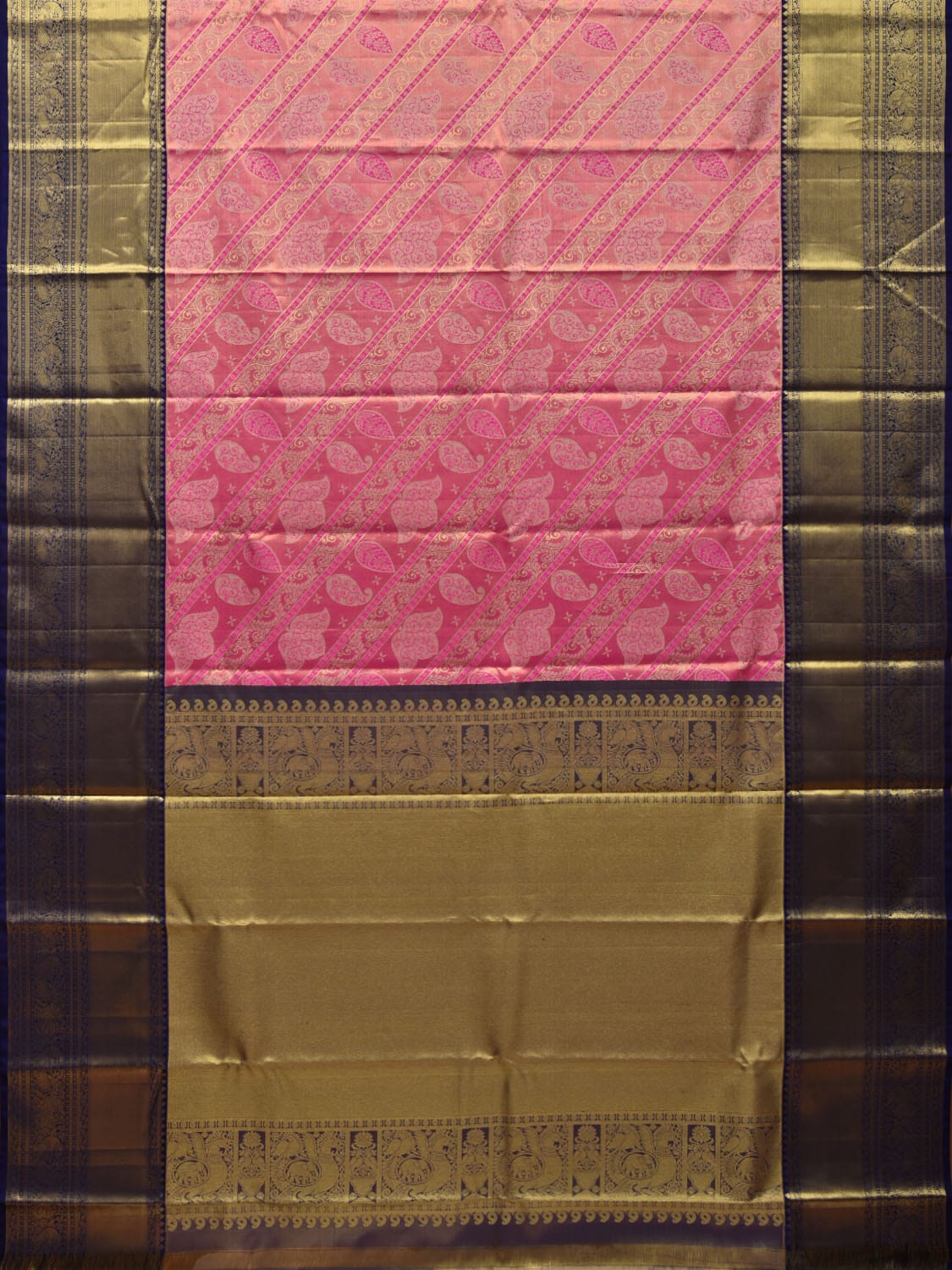 Pink and Navy Kanchipuram Silk Handloom Saree with All Over Diagonal Design k0526