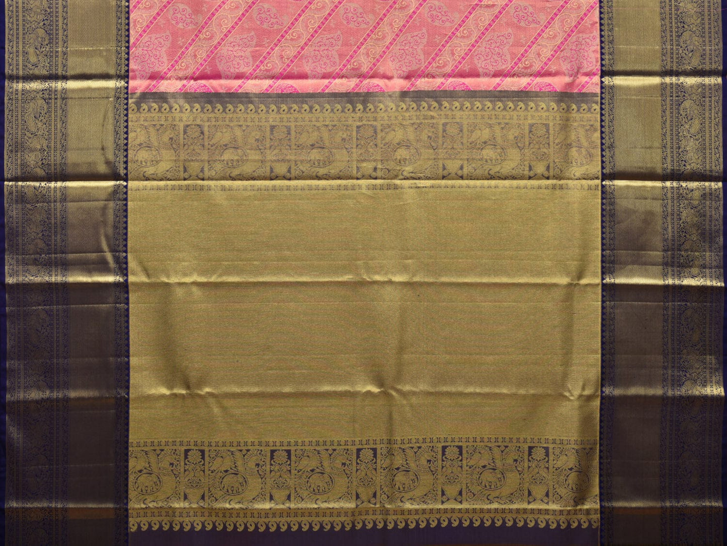 Pink and Navy Kanchipuram Silk Handloom Saree with All Over Diagonal Design k0526