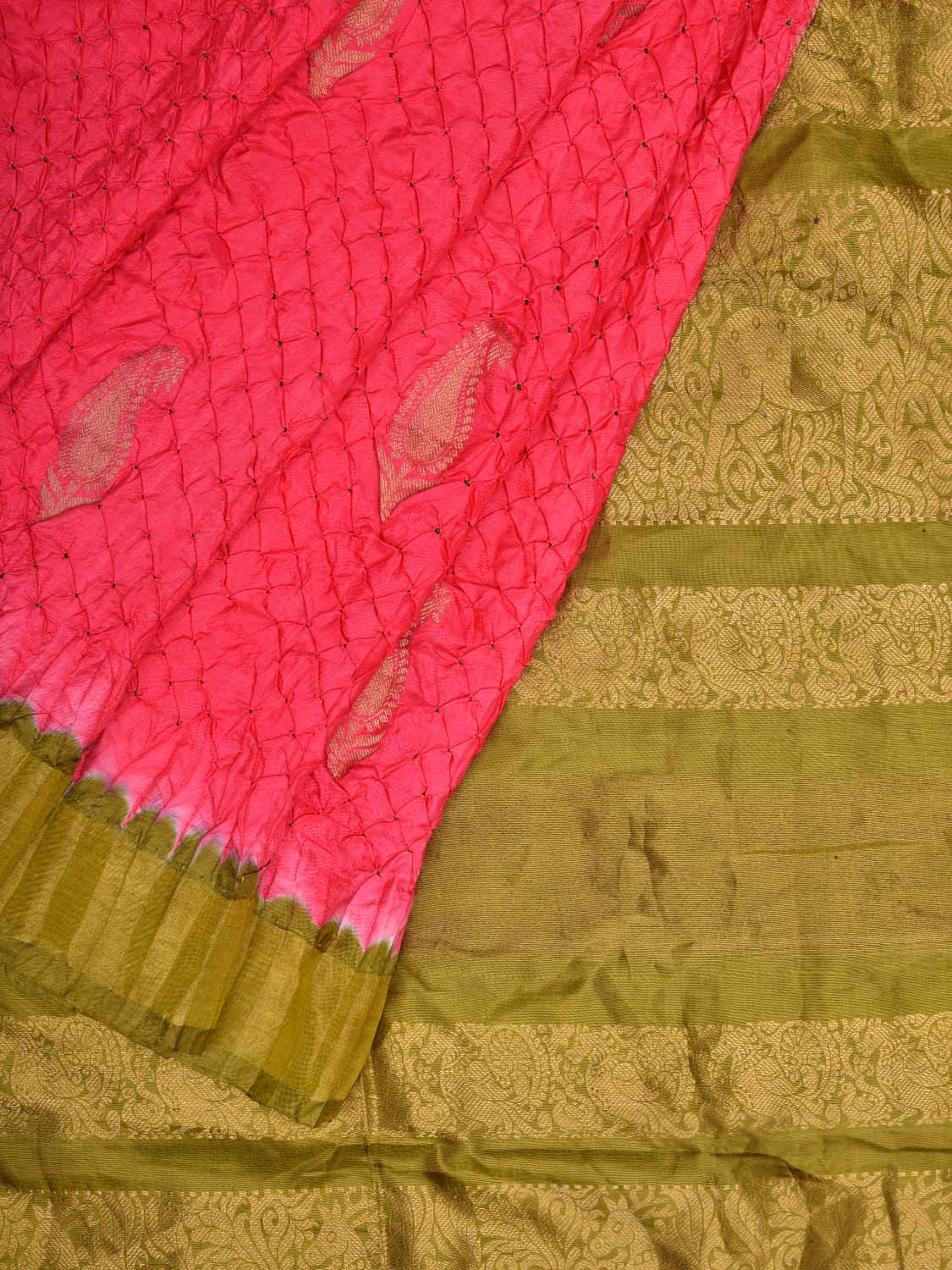 Pink and Olive Bandhani Kanchipuram Silk Handloom Saree with Mango Buta Design bn0289