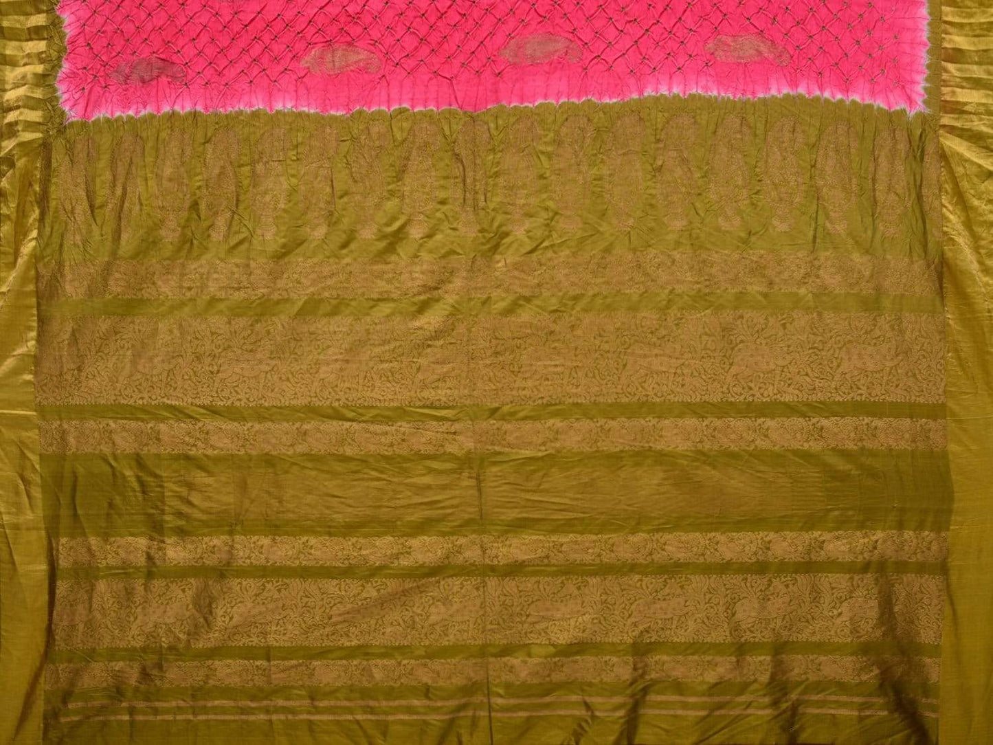Pink and Olive Bandhani Kanchipuram Silk Handloom Saree with Mango Buta Design bn0289
