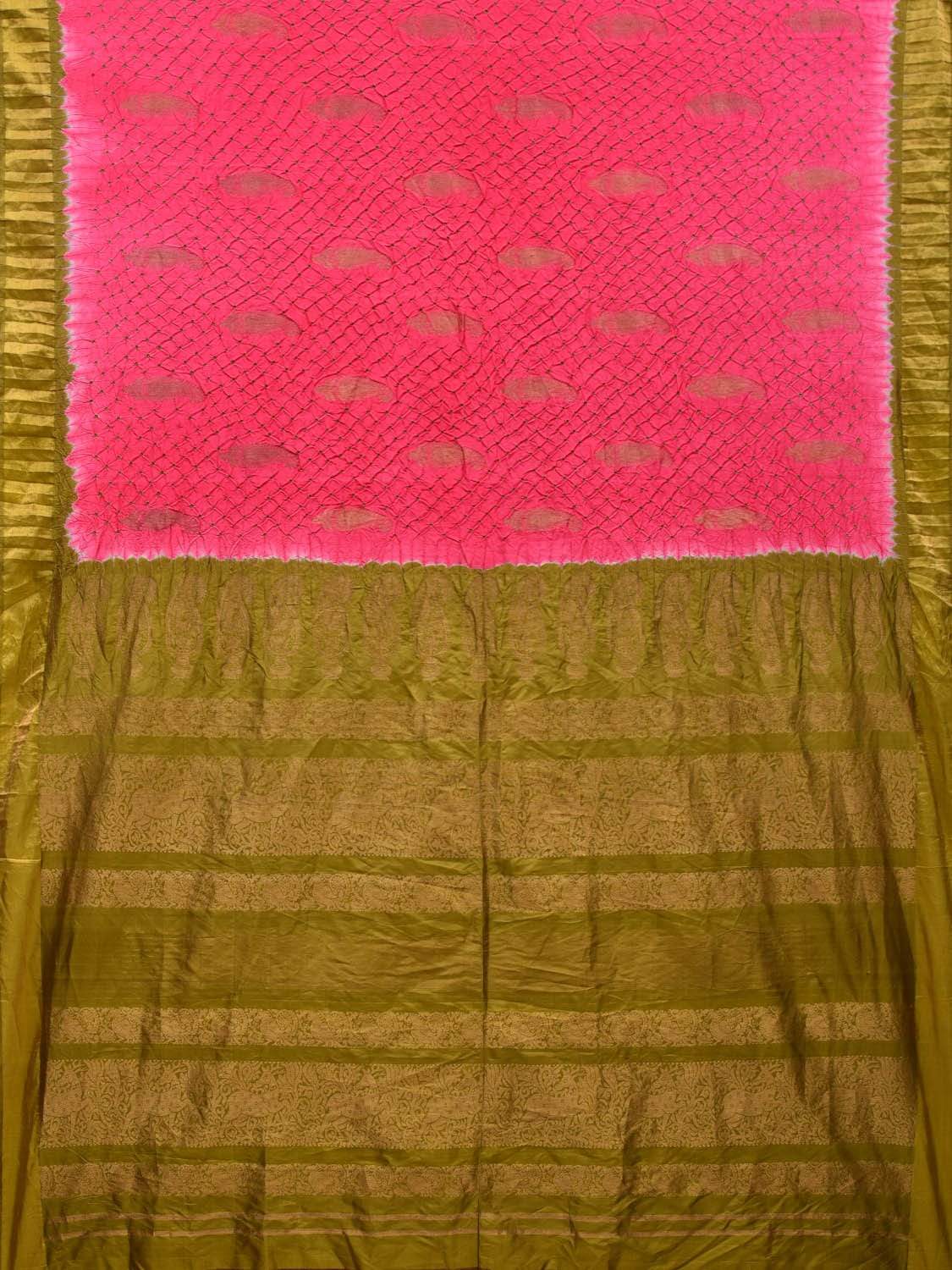 Pink and Olive Bandhani Kanchipuram Silk Handloom Saree with Mango Buta Design bn0289