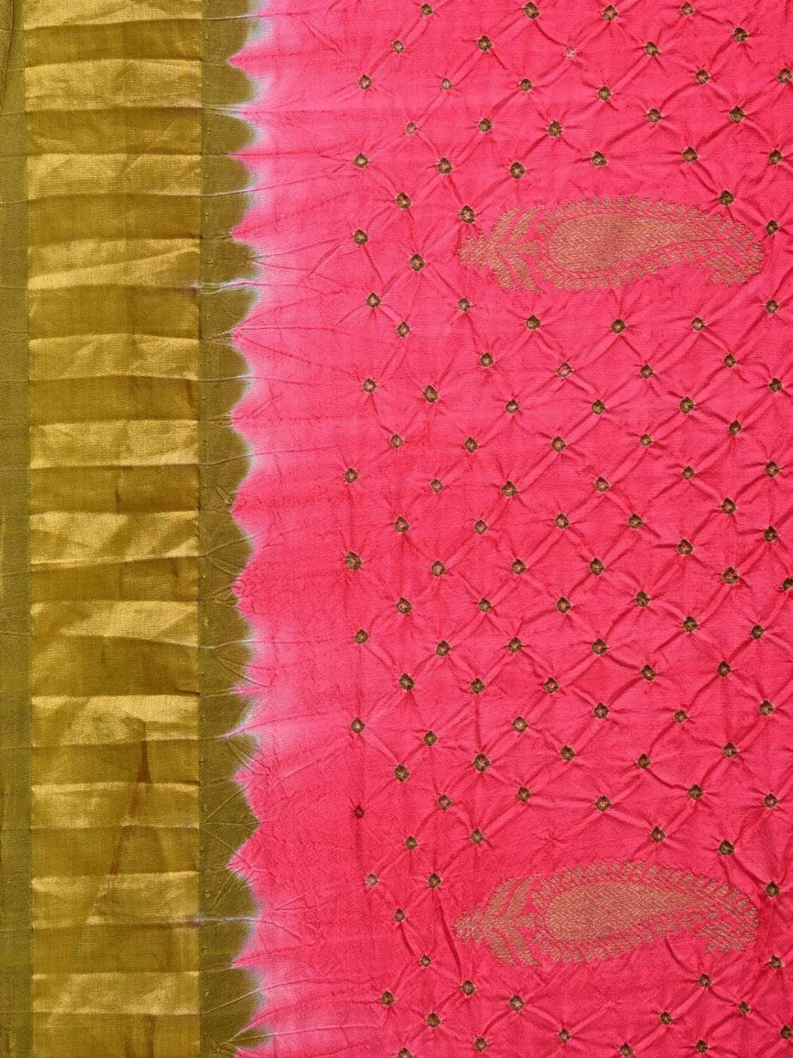 Pink and Olive Bandhani Kanchipuram Silk Handloom Saree with Mango Buta Design bn0289