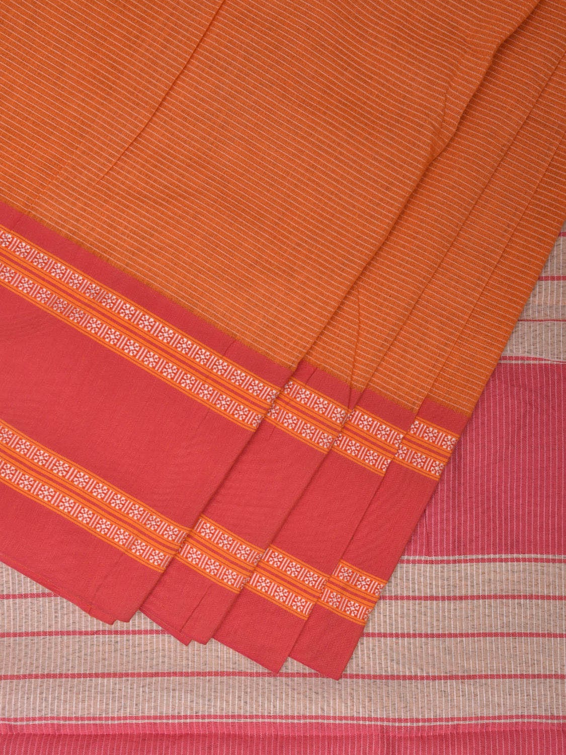 Pink and Orange Bamboo Cotton Saree with Strips Design No Blouse bc0339