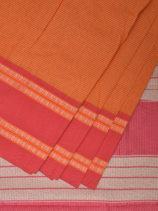 Pink and Orange Bamboo Cotton Saree with Strips Design No Blouse bc0339
