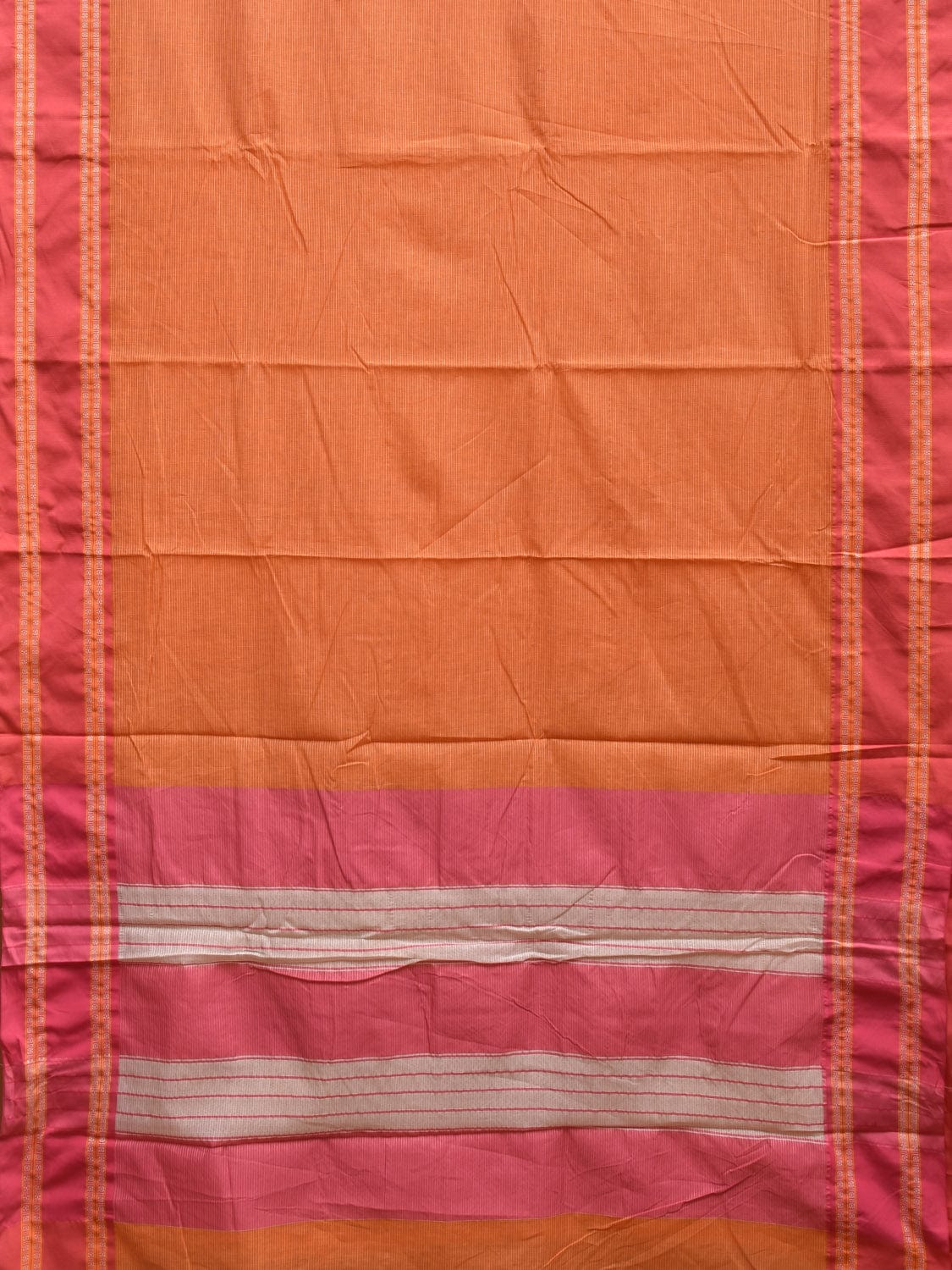 Pink and Orange Bamboo Cotton Saree with Strips Design No Blouse bc0339