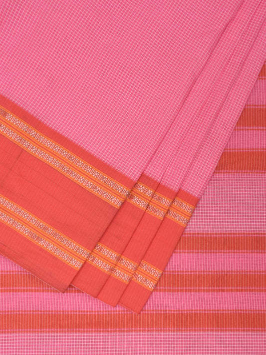 Pink and Peach Bamboo Cotton Saree with Small Checks Design No Blouse bc0337