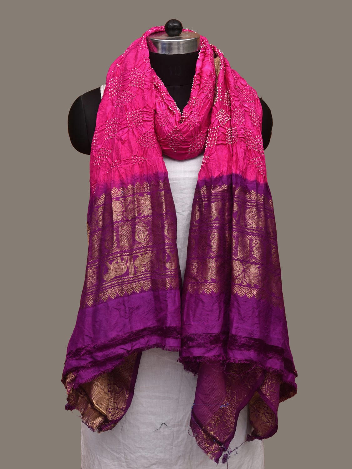 Pink and Purple Bandhani Kanchipuram Silk Handloom Dupatta with Border Design ds3112