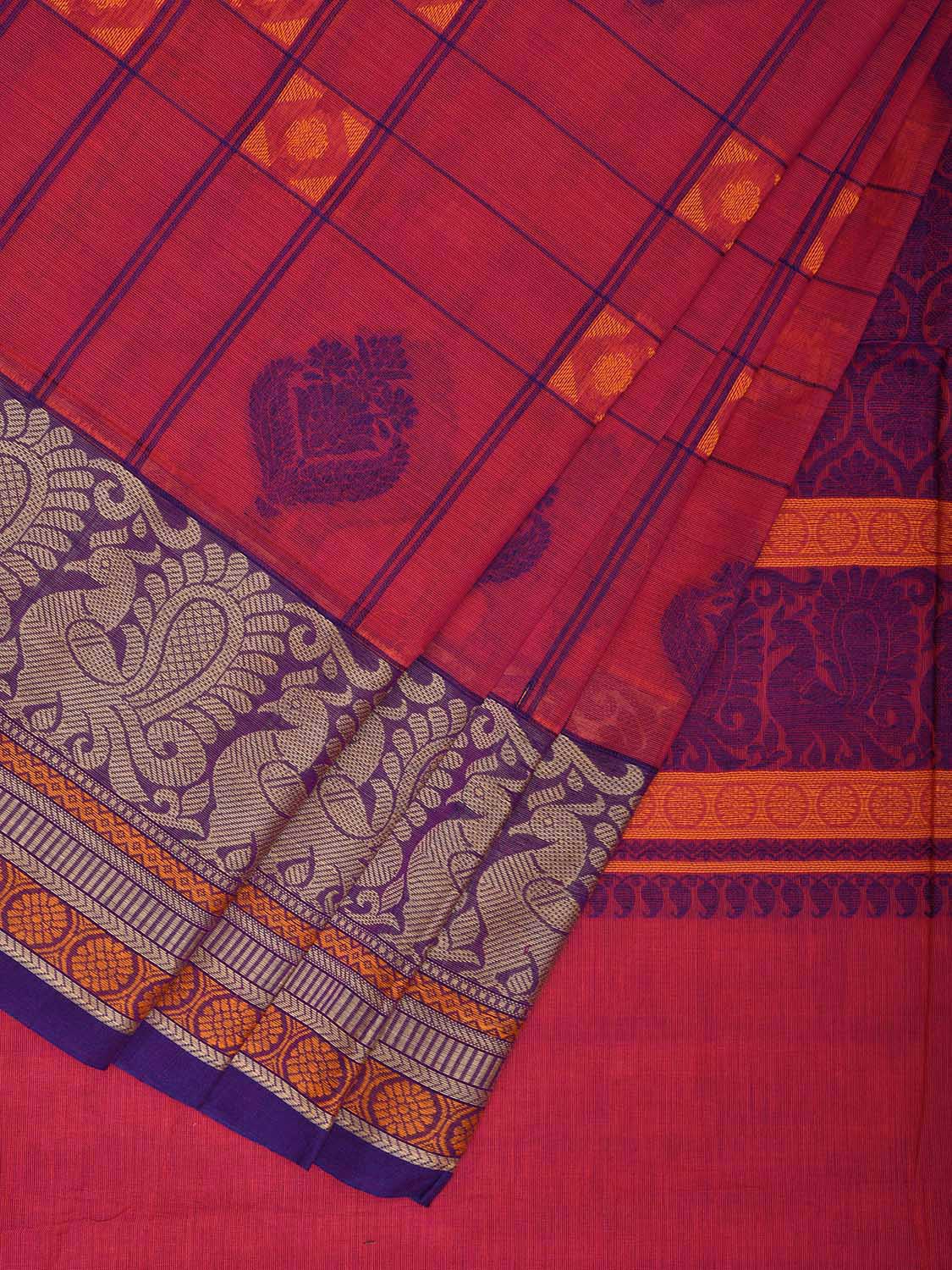Pink and Purple Kanchipuram Cotton Saree with Checks Buta and Pallu Design k0789