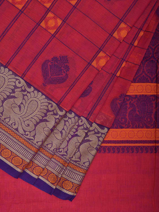 Pink and Purple Kanchipuram Cotton Saree with Checks Buta and Pallu Design k0789