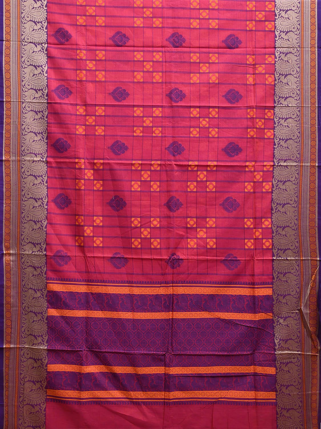 Pink and Purple Kanchipuram Cotton Saree with Checks Buta and Pallu Design k0789