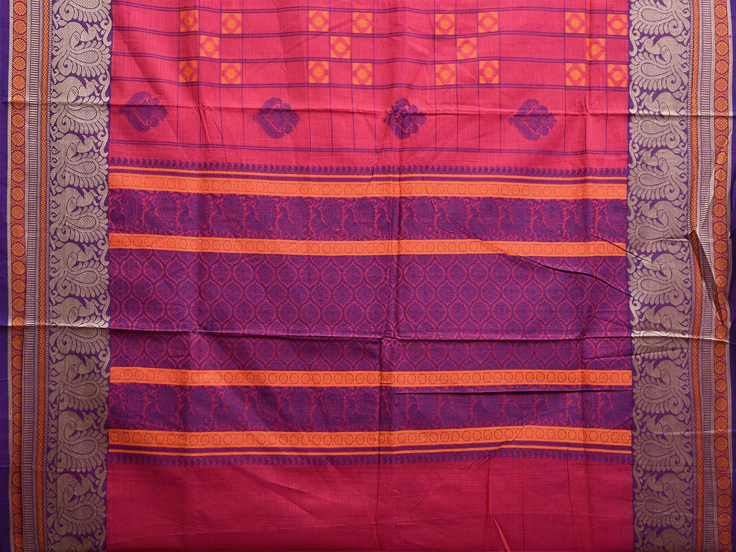 Pink and Purple Kanchipuram Cotton Saree with Checks Buta and Pallu Design k0789