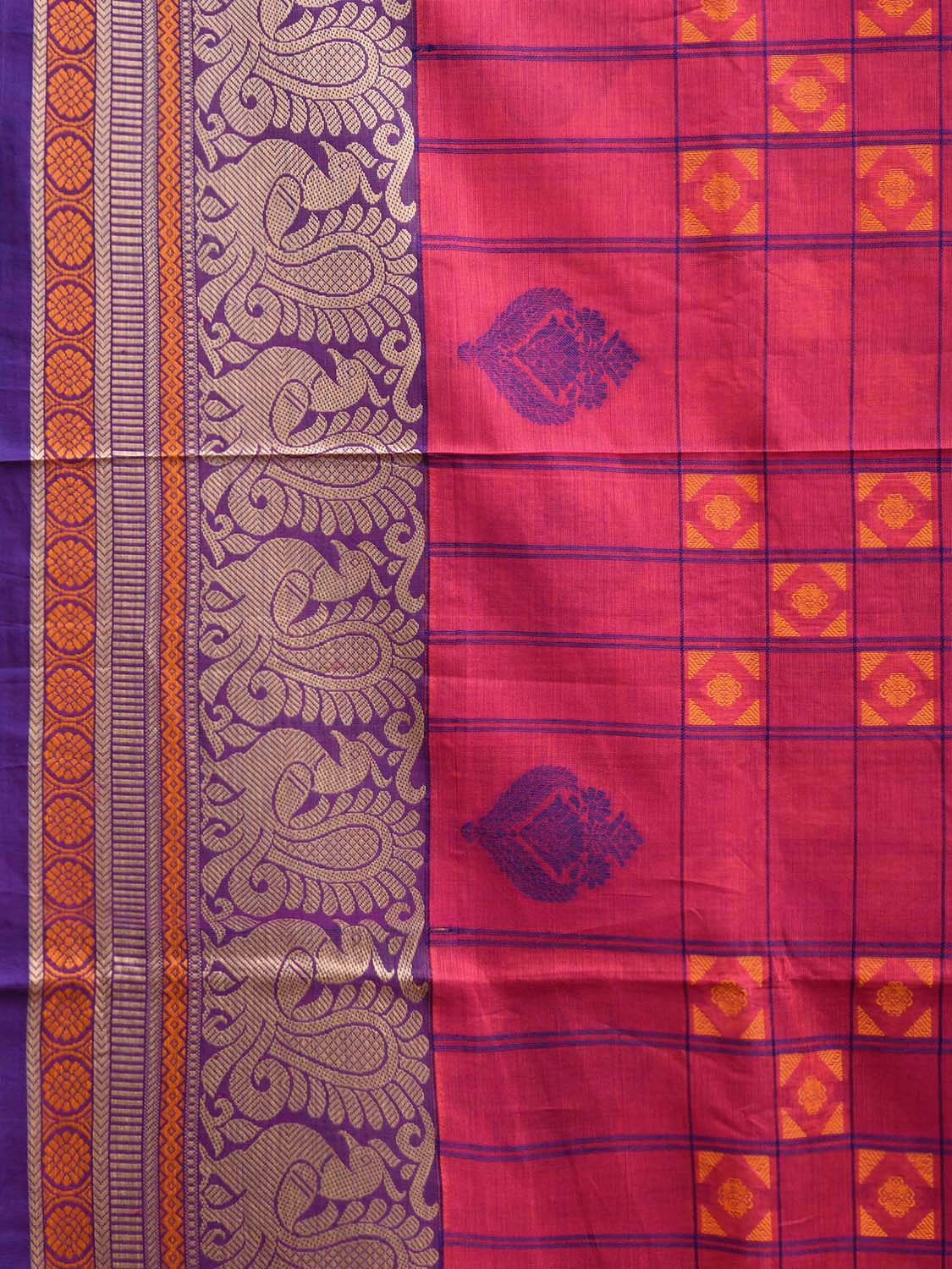 Pink and Purple Kanchipuram Cotton Saree with Checks Buta and Pallu Design k0789