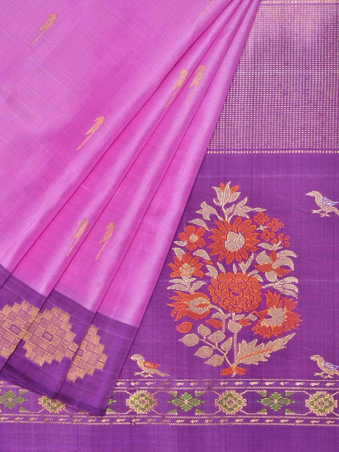 Pink and Purple Silk Handloom Saree with One Side Border and Pallu Design o0267